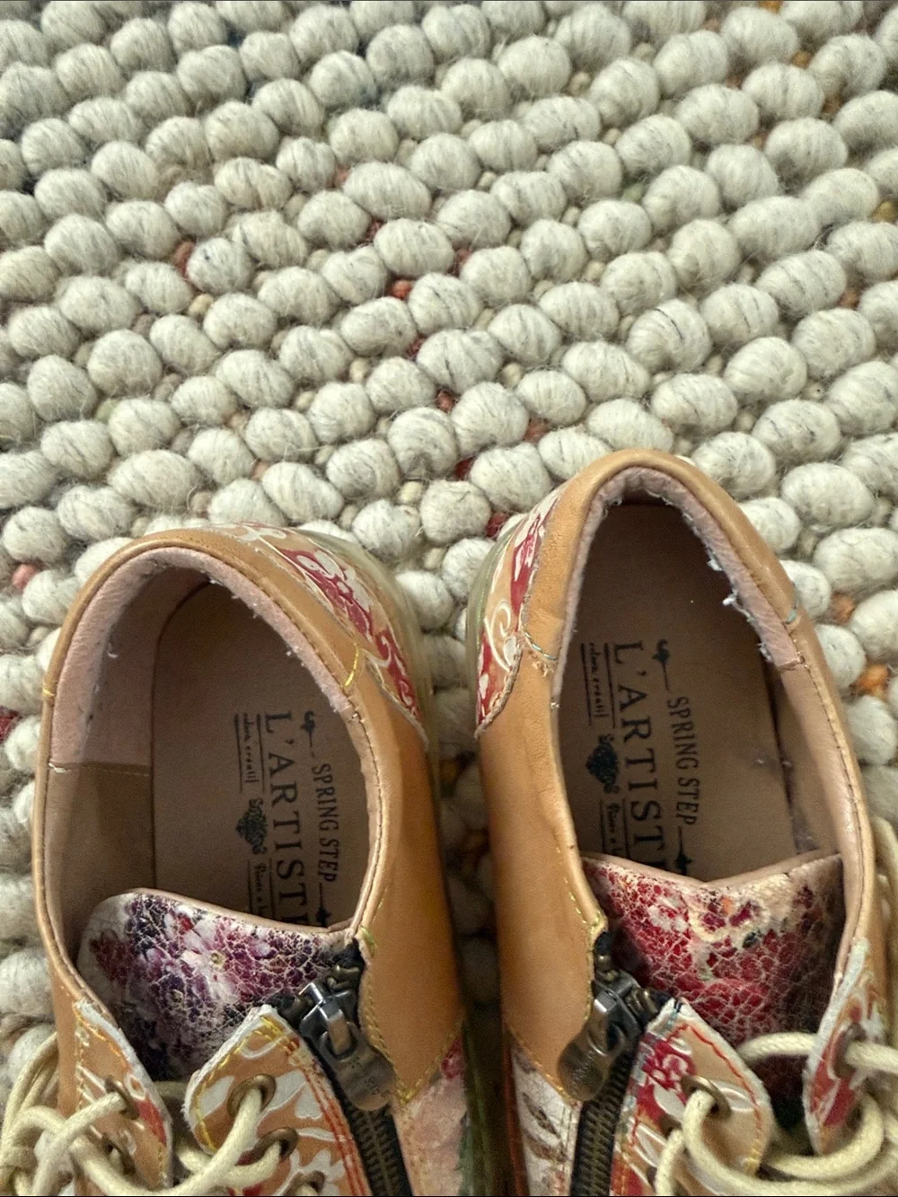 Floral Leather Lace-Up Sneakers with Side Zipper — Pink & Tan